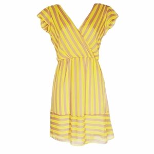 PEPPERMINT Tan Yellow Stripe Ruffle Short Sleeve V-Neck Dress Large